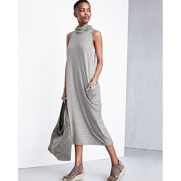 Eileen Fisher Dresses & Skirts - Eileen Fisher Dress Womens PS Gray Sleeveless Cowl Neck Jersey Shift Pockets